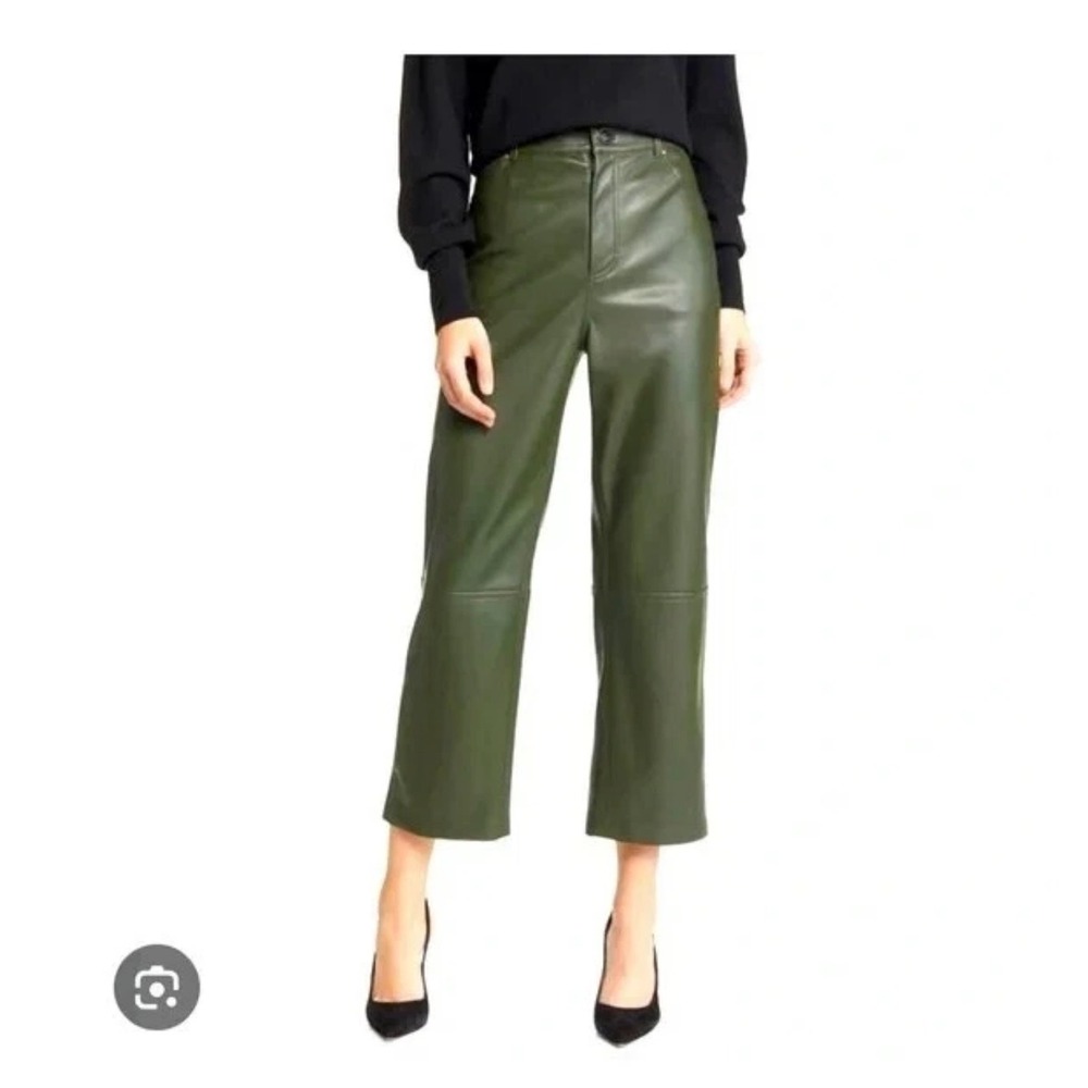 Ted Baker Faux Leather Pants Women Size 1 Green Straight Cropped High Rise 282